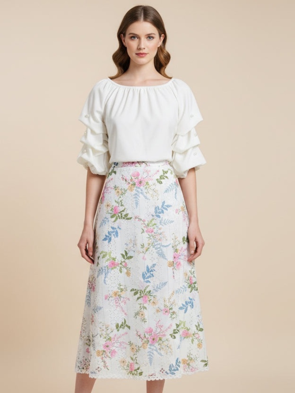 Floral Lace A-Line Midi Skirt - White with Pastel Floral